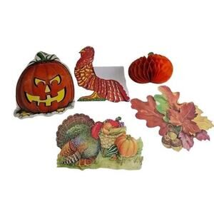 5 Vintage Die Cut Thanksgiving Halloween Fall Flocked Honeycomb Decoration Decor